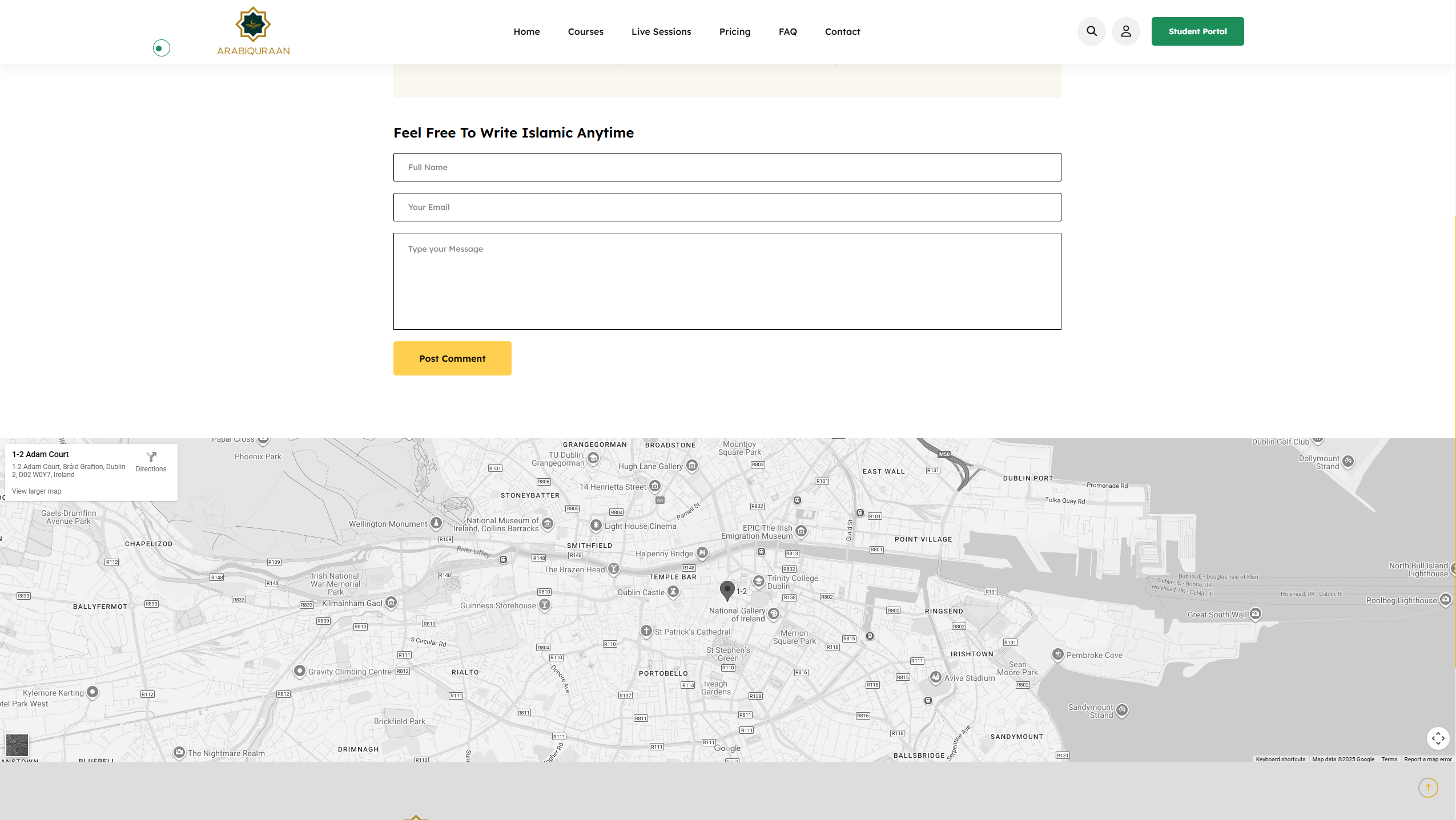 Desktop view of contact page with message form and location map.