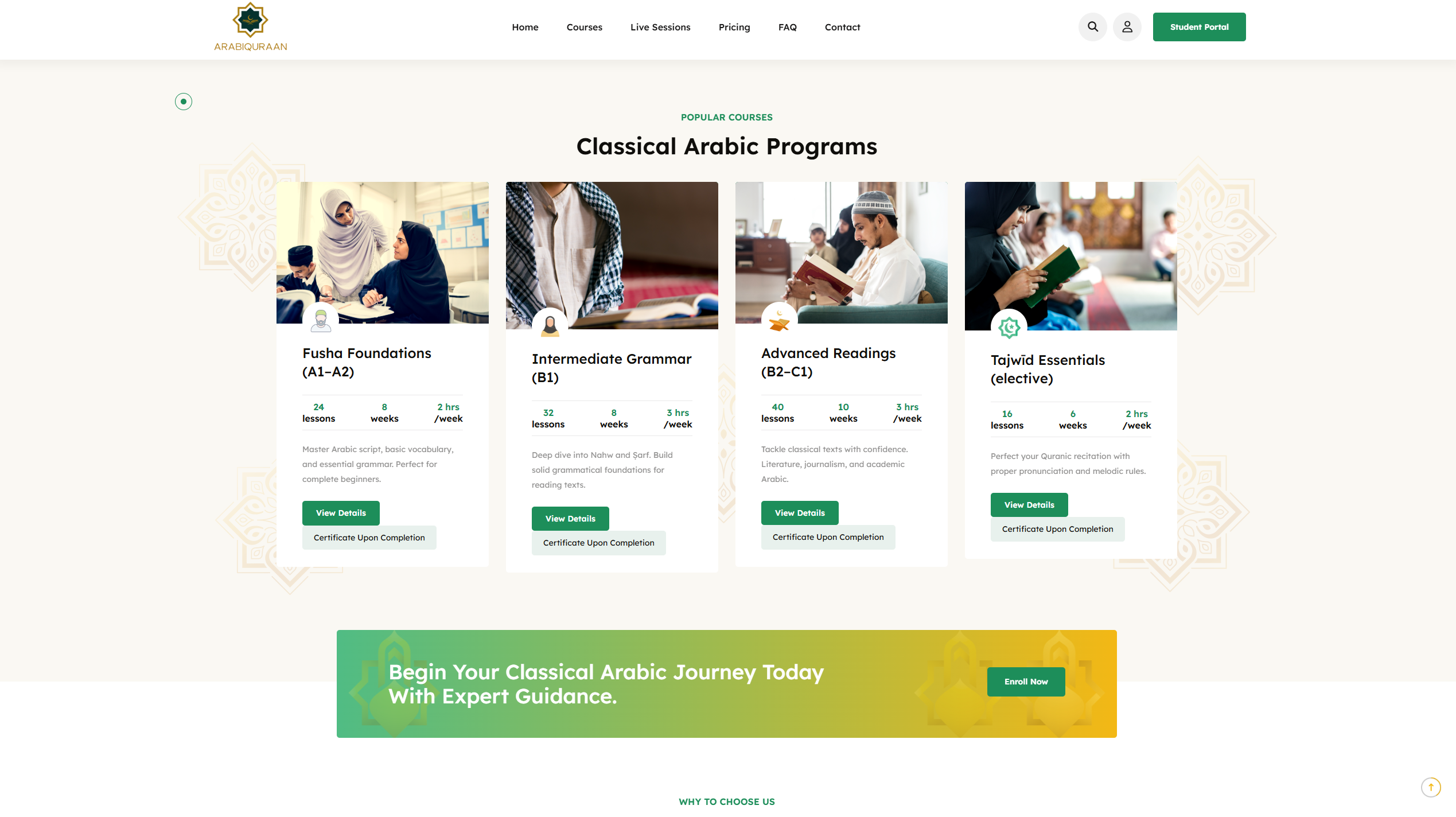 Desktop view of programs grid showing course levels, weeks, and hours.