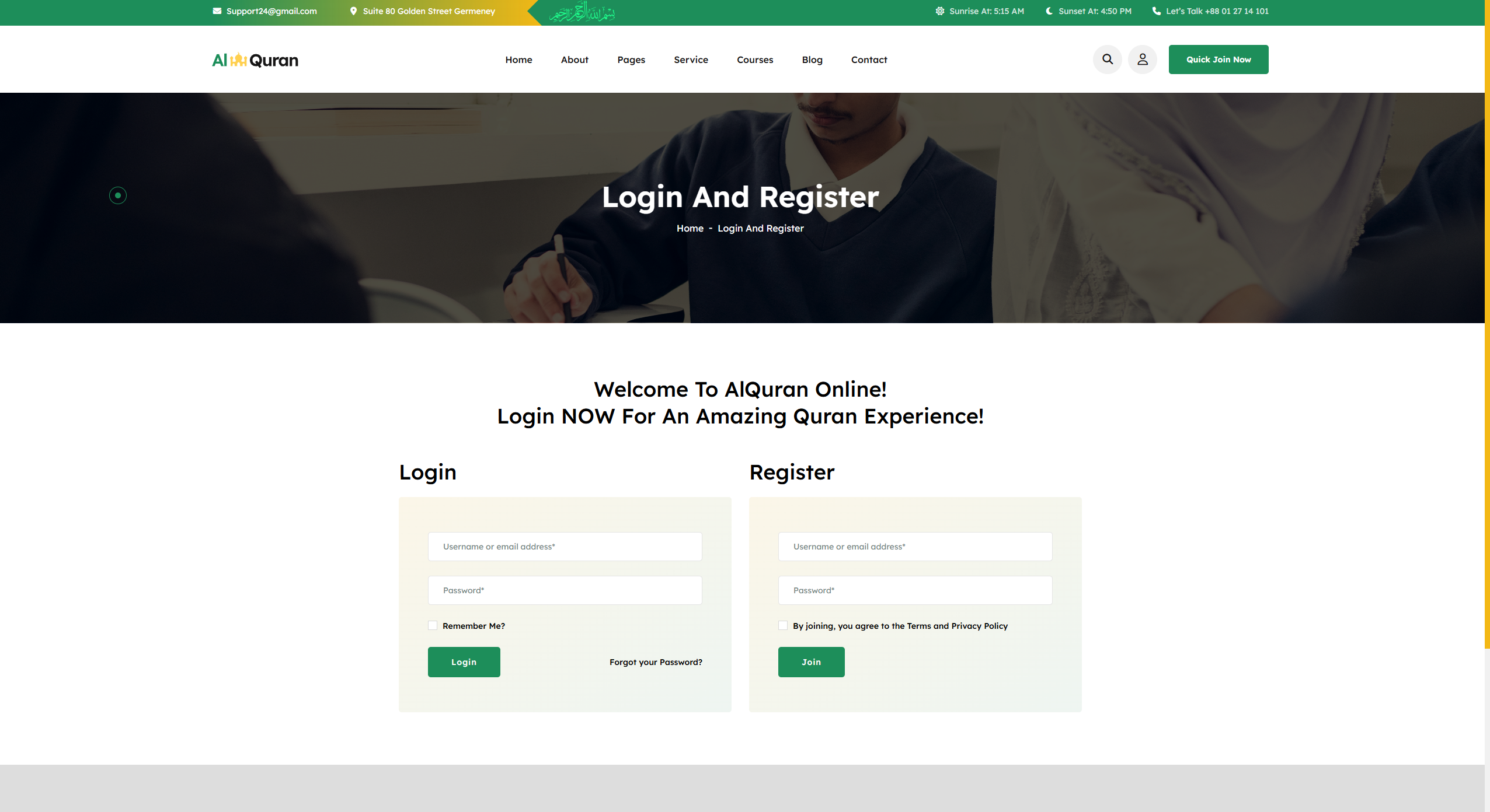Desktop view of login and registration forms for student portal access.