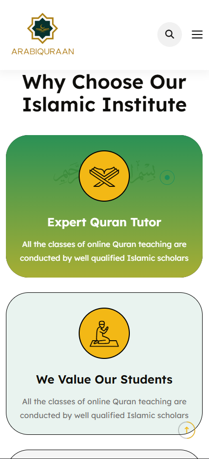 Mobile view explaining benefits of choosing the Islamic Institute with tutor details.