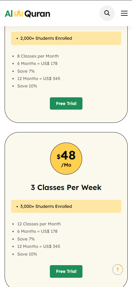 Mobile view of pricing plans with different class packages and a Free Trial option.