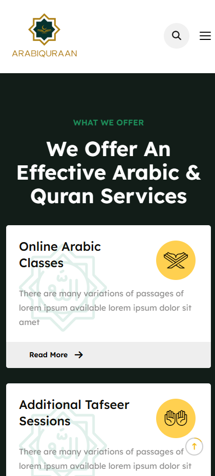 Mobile view of services offered, showing different class types with 'Read more' links.