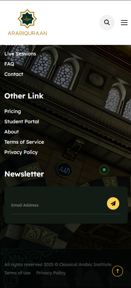 Mobile view of a navigation menu with quick links and a newsletter signup.