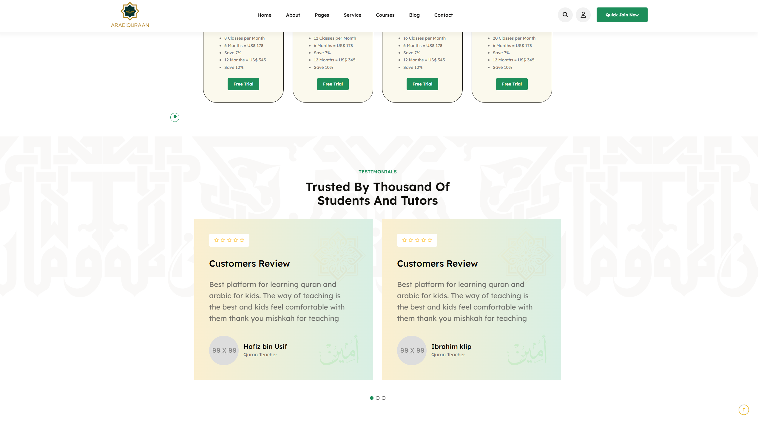 Desktop view of student review section with testimonials and ratings.