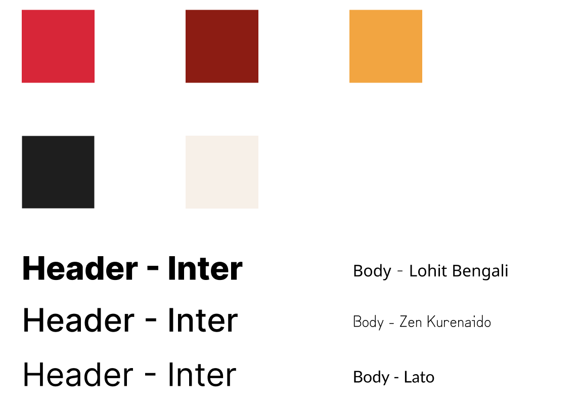 Color and typography exploration showing various red tones, font weights, and layout combinations