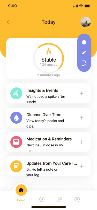 Dashboard with current glucose, 24h trend, time-in-range.