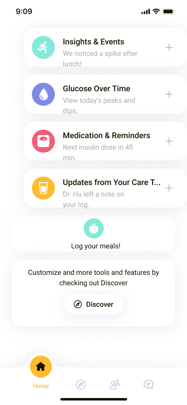 Daily log screen for recording meals and activity.