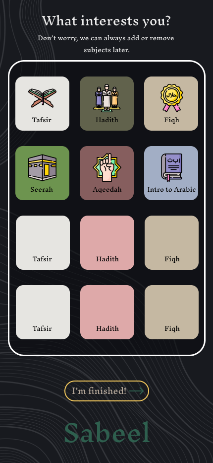 Interests Selection Screen